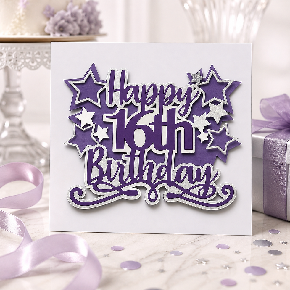 A white card adorned with purple text and stars rests on a table, surrounded by confetti, alongside a gift box and a ribbon.