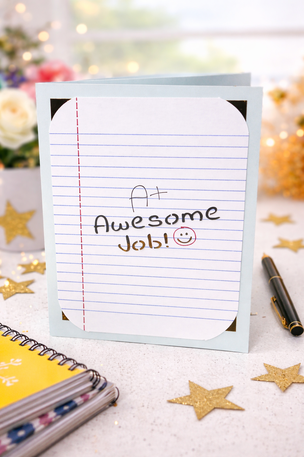 A handmade card on light blue cardstock, shaped like lined notebook paper with text reading "A+ Awesome Job!" and a smiley