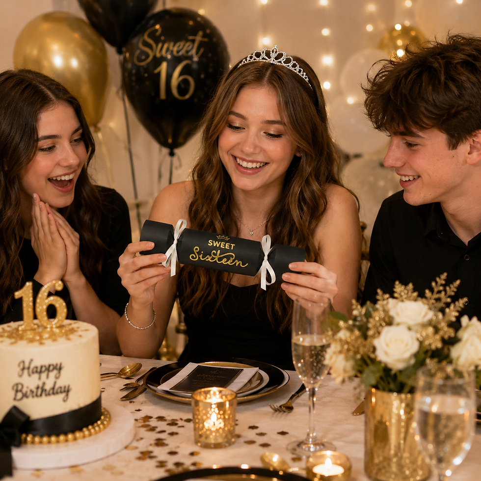 A young woman holds a "Sweet 16" gift box, flanked by two smiling men at a table adorned with a cake, champagne glasses