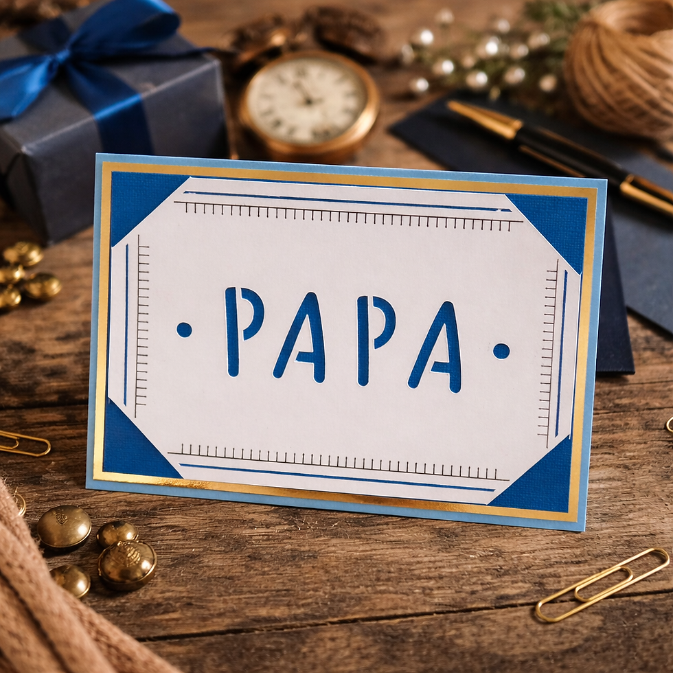 Handmade blue and gold "PAPA" card on a rustic wooden table with a gift box, vintage watch, and gold paperclips.