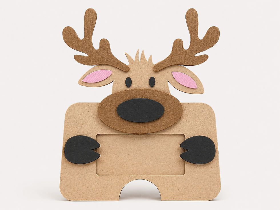 A cardboard cutout shaped like a reindeer, complete with antlers and a nose, designed to function as a picture frame.