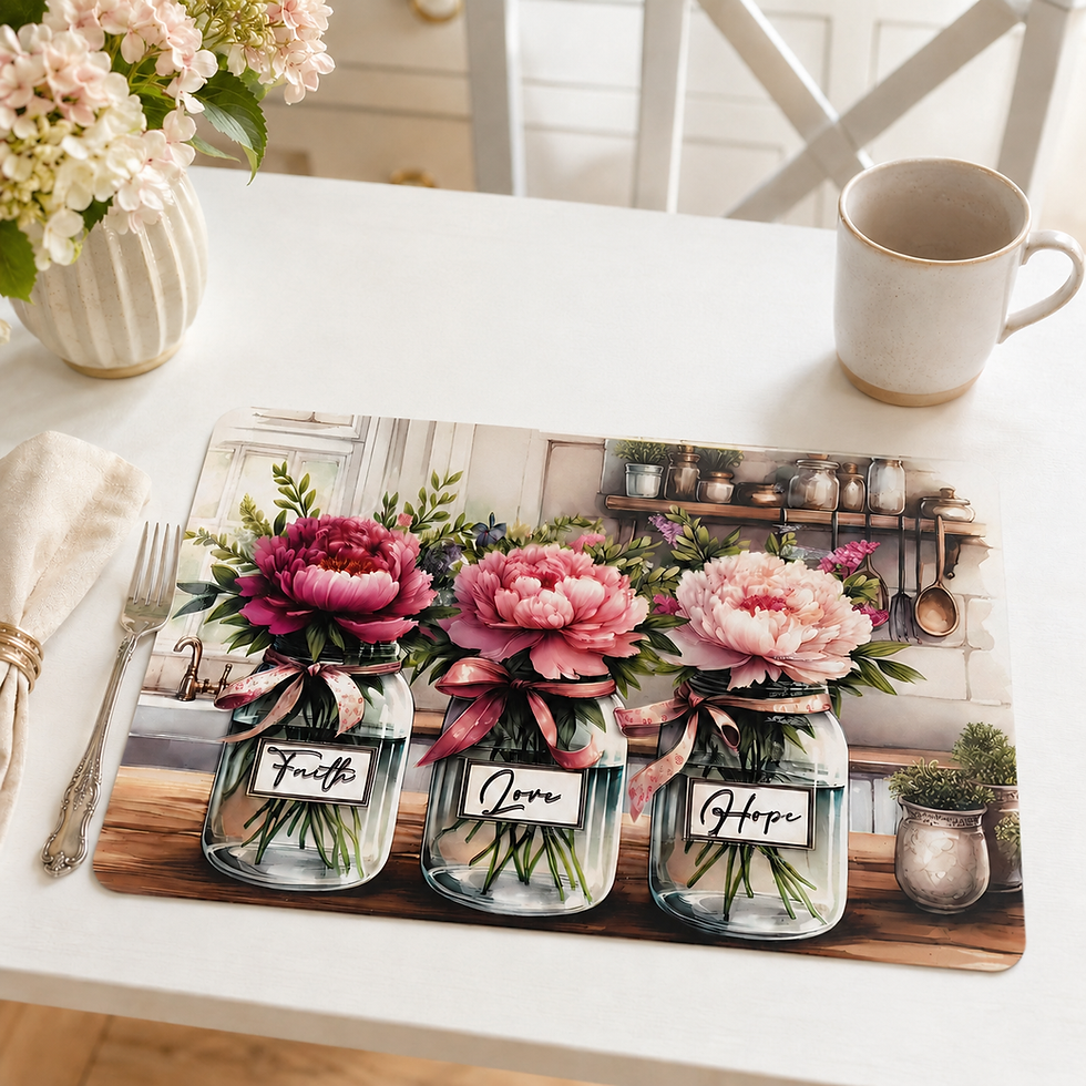 Faith love hope floral placemat on a bright farmhouse kitchen table with pink flowers, mug, napkin and fork.