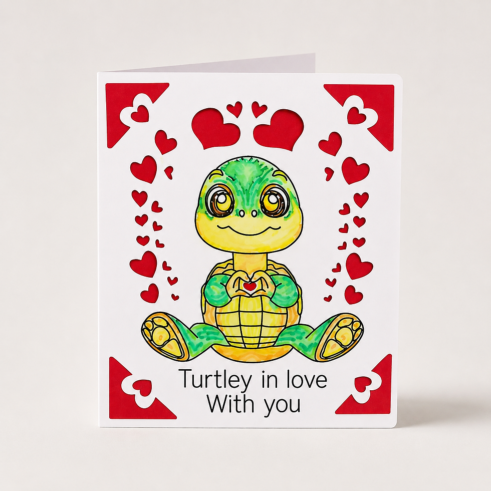 Thumbnail: A greeting card featuring a cute cartoon turtle surrounded by red hearts, with the phrase "Turtle in Love with You" beneath.