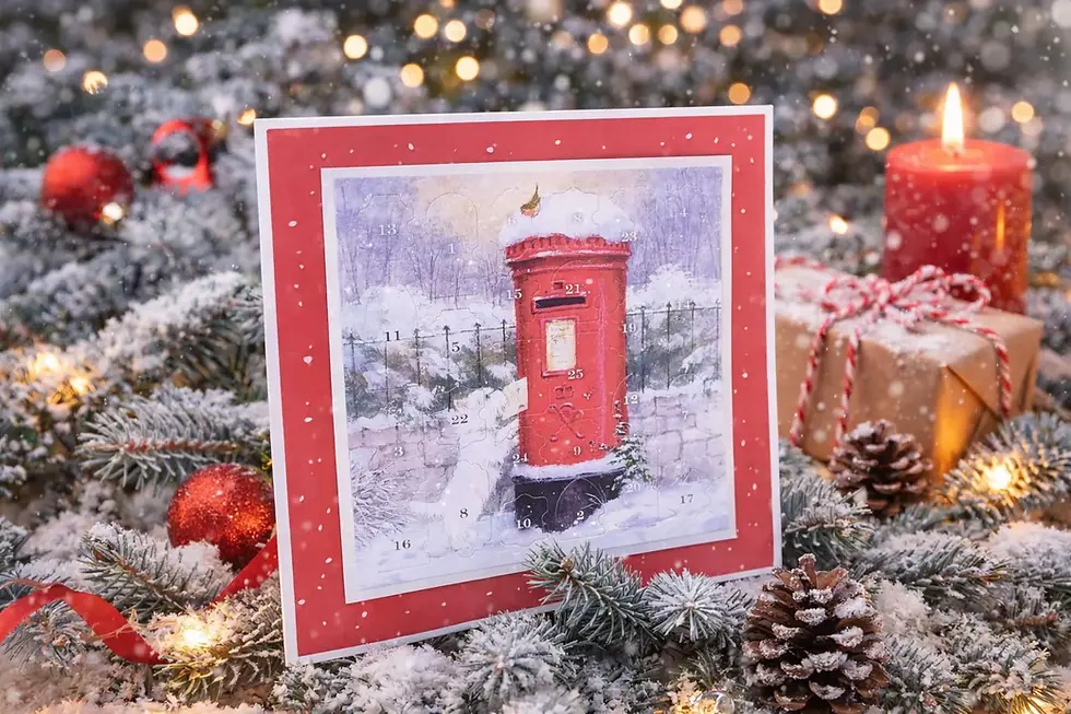 Thumbnail: Traditional advent calendar card featuring a snow-covered red postbox and a white dog in a festive winter scene.