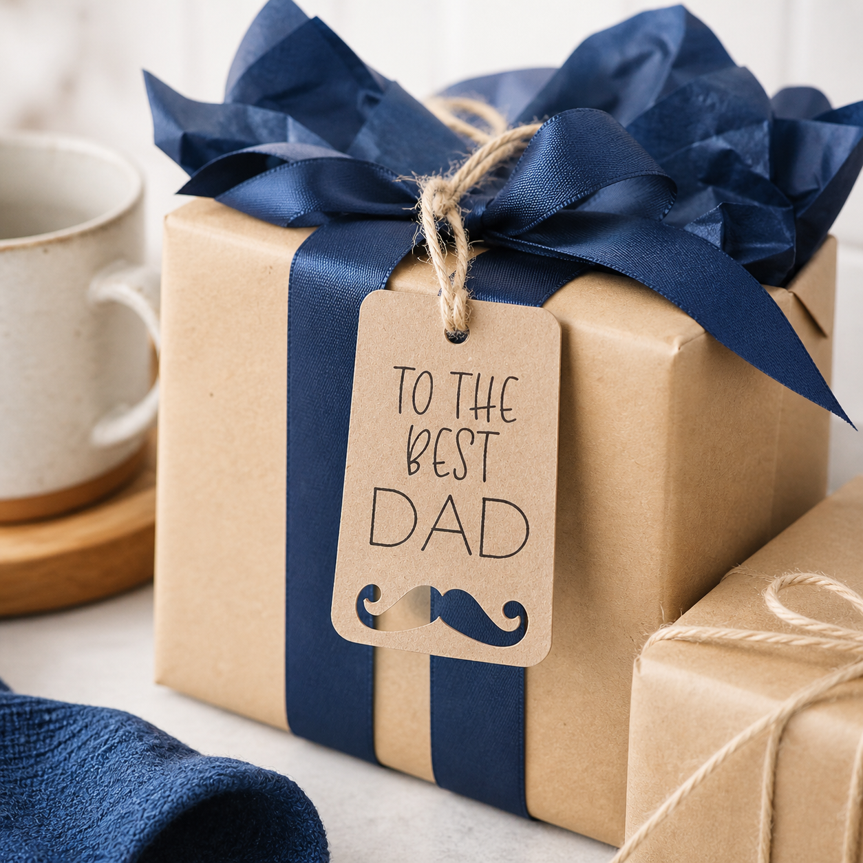 Kraft To The Best Dad gift tag tied to a wrapped present with navy ribbon and tissue paper.
