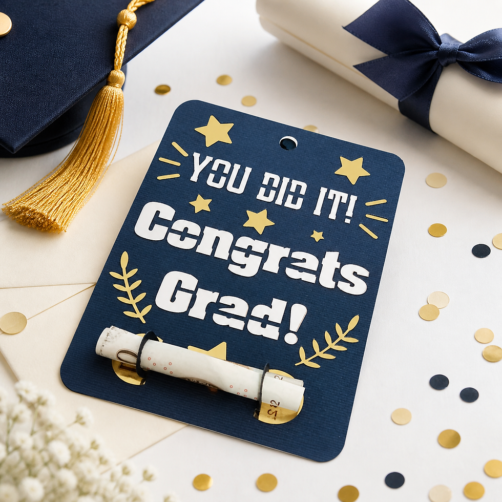 Navy graduation money holder card with rolled note, gold stars, mortarboard cap, diploma scroll and confetti.
