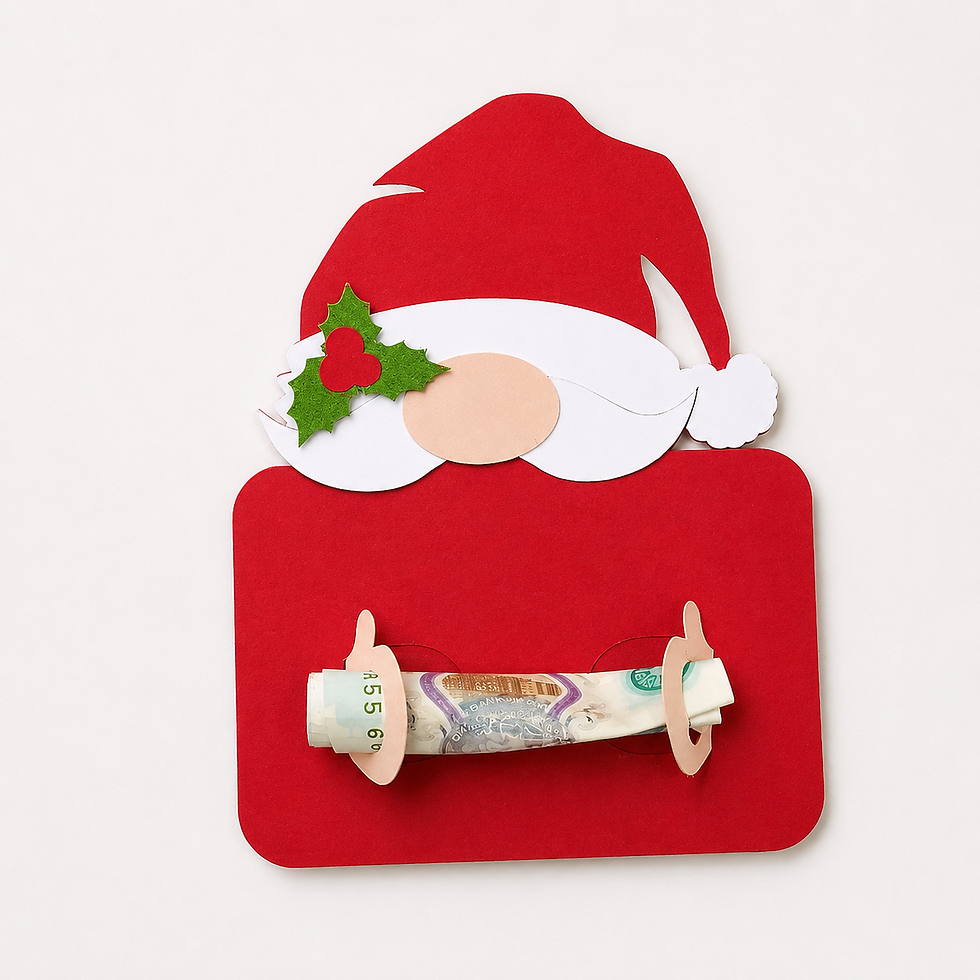 A red Santa Claus card with a roll of money attached.