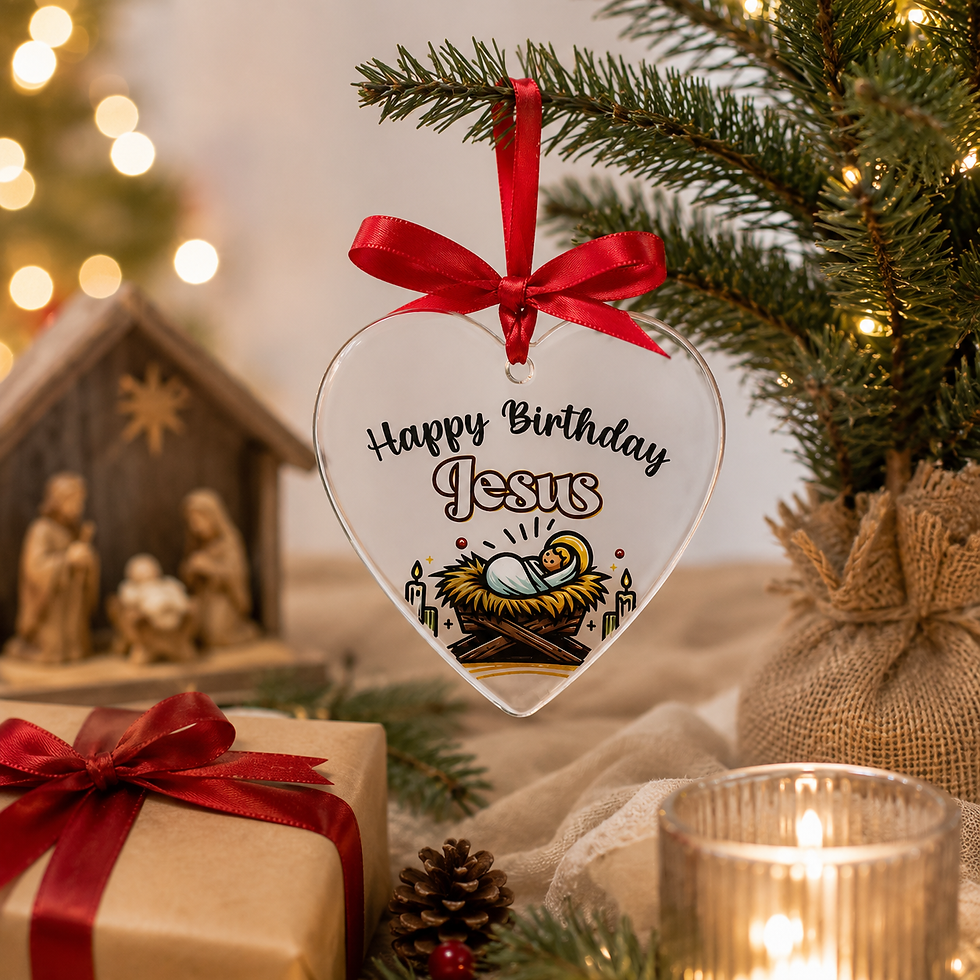A heart-shaped ornament with a red ribbon and the text "Happy Birthday Jesus" hangs on a Christmas tree