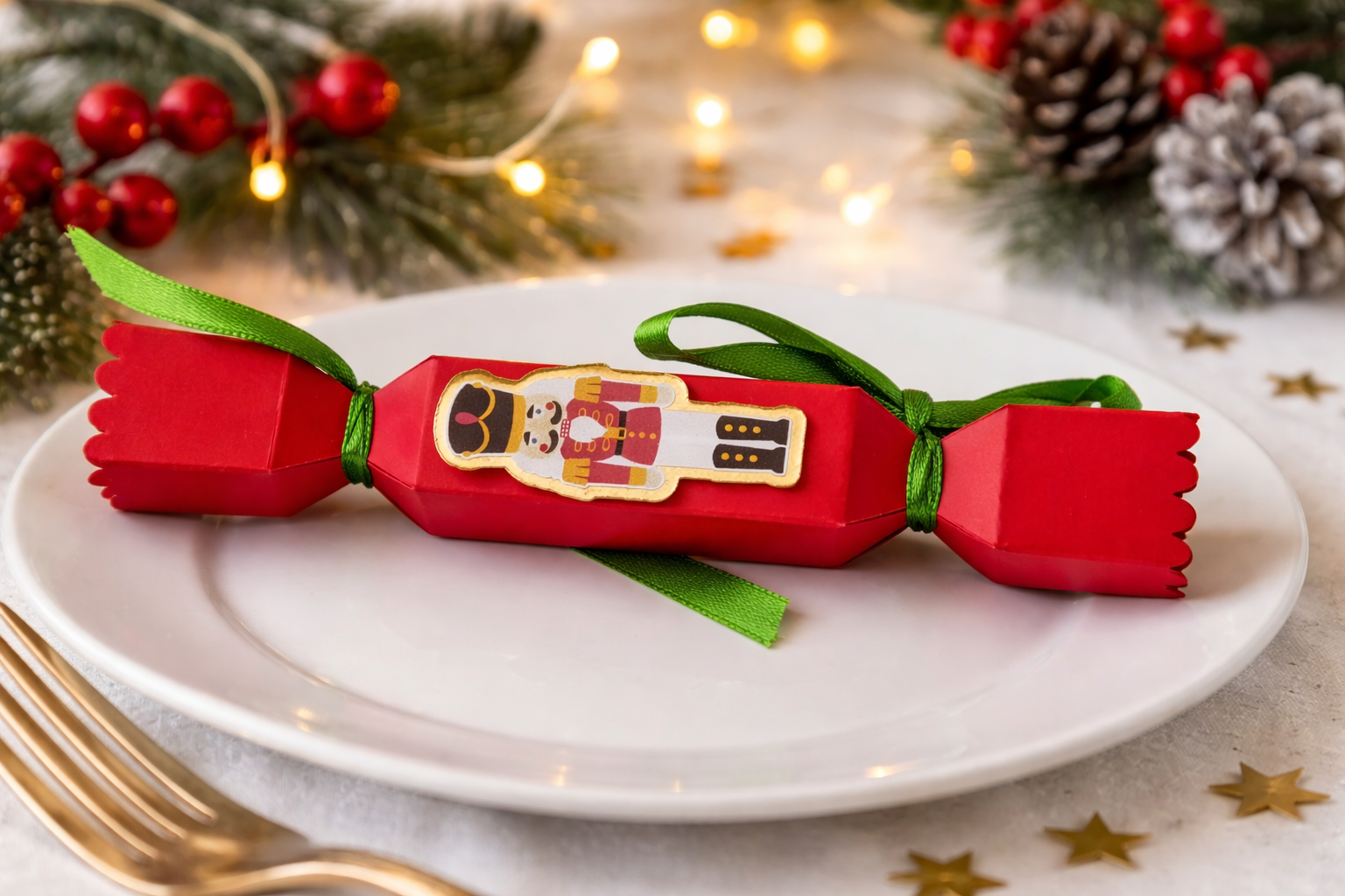 Handmade red Nutcracker Christmas cracker with green ribbons on a white dinner plate.