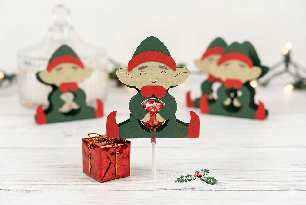 Handmade Christmas elf lollipop holder made of green and red cardstock, shown holding a candy on a festive holiday background