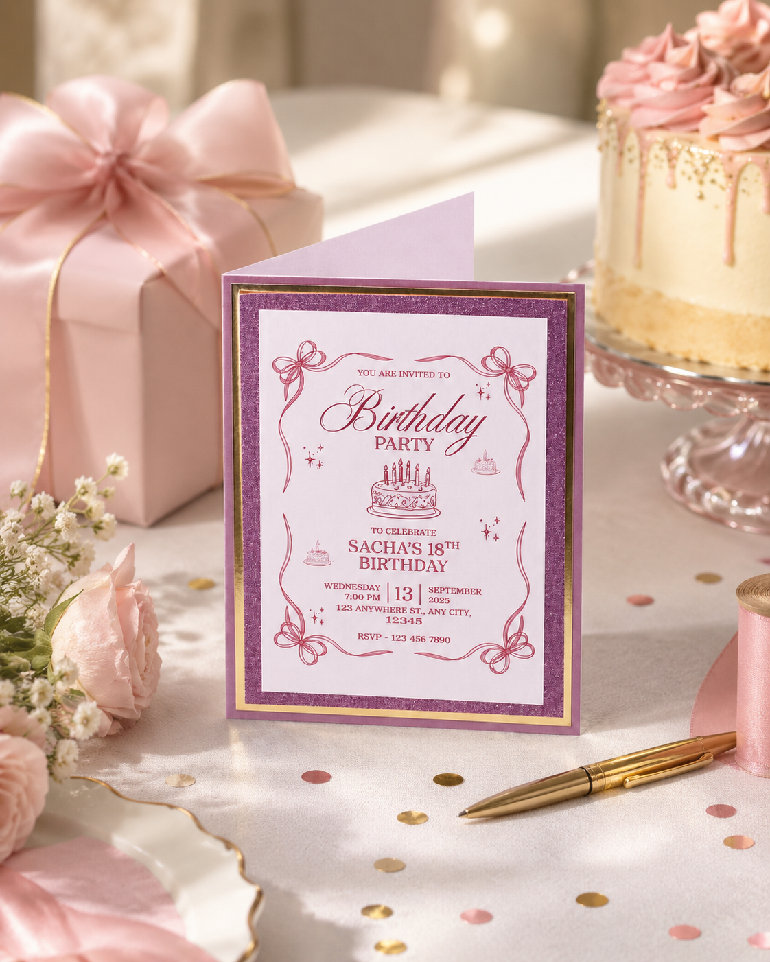 Personalised Pink and Gold Birthday Invitation Card