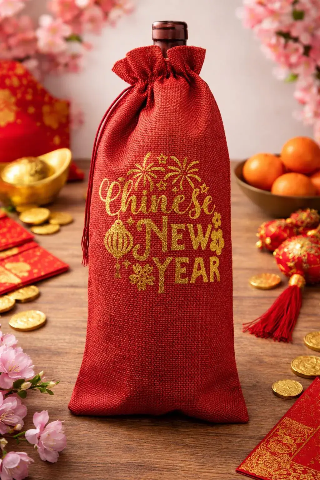 Red burlap wine gift bag with gold glitter "Chinese New Year" text, styled with festive lanterns and gold decor.