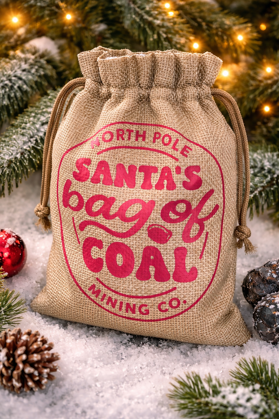 A rustic burlap drawstring bag printed with "Santa's Bag of Coal" in red, sitting in snow beneath a glowing Christmas tree.