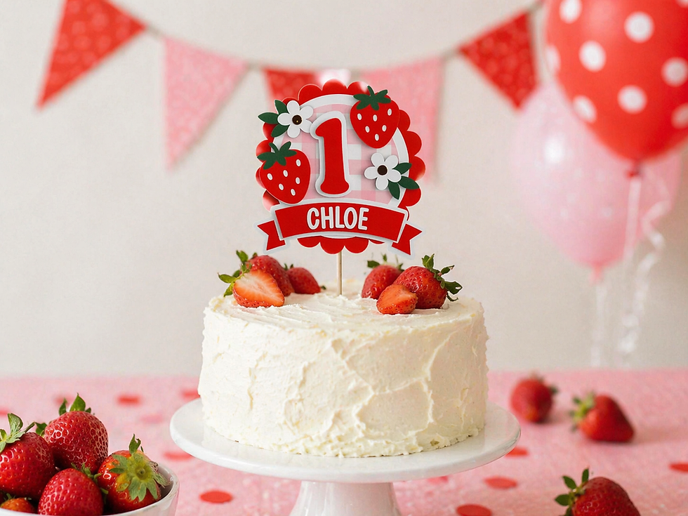 Strawberry 1st birthday cake topper on a white buttercream cake, styled with red bunting and pink polka dot balloons.