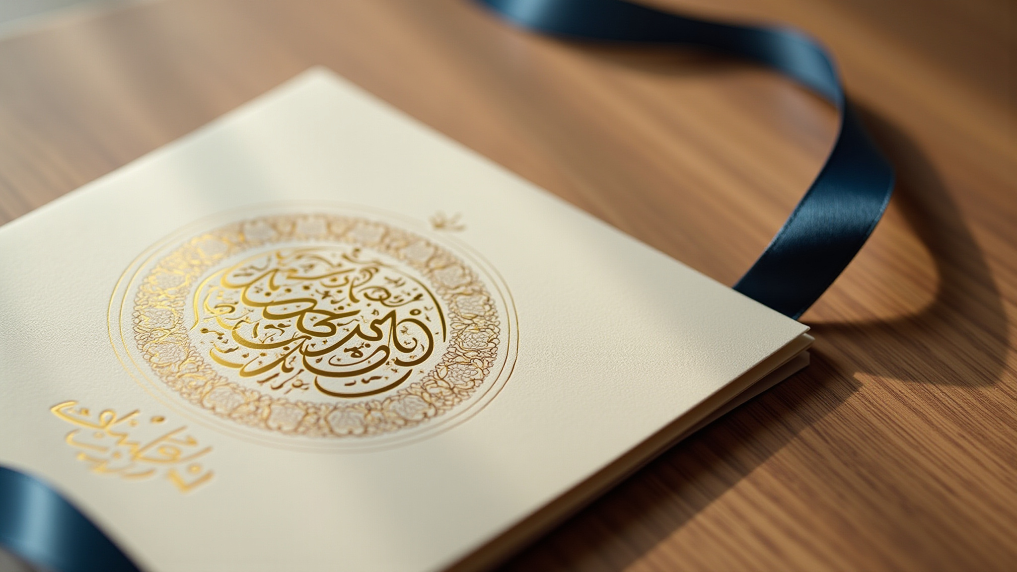 Close-up of a white book with gold Arabic text, on a wooden table.