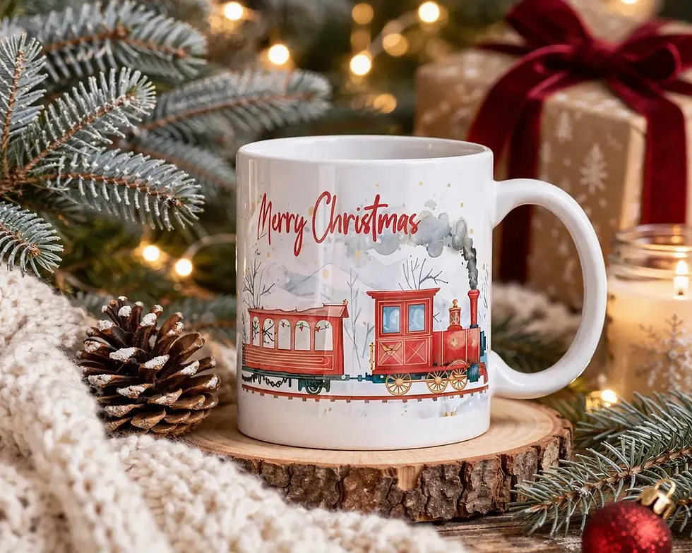 A white ceramic mug featuring a vintage red steam train illustration and "Merry Christmas" text, set in a cozy holiday scene.