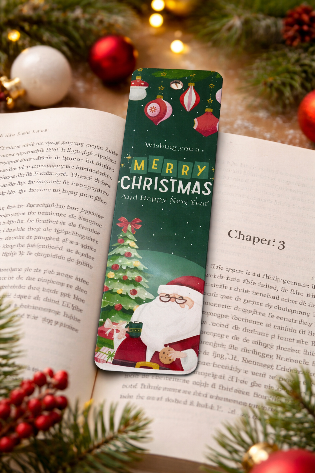 Festive Merry Christmas bookmark featuring Santa Claus and a decorated tree, placed inside an open book.