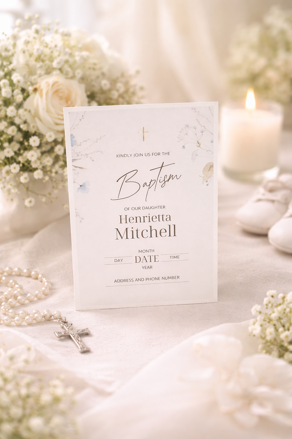 Thumbnail: Elegant floral baptism invitation for Henrietta Mitchell, styled with baby shoes, pearls, a candle, and white gift boxes.