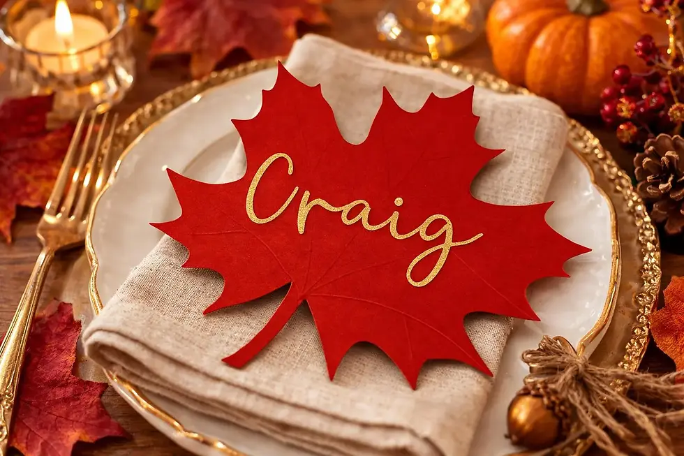 Thumbnail: Red maple leaf place card with gold lettering on a linen napkin, surrounded by pumpkins and warm candlelight.
