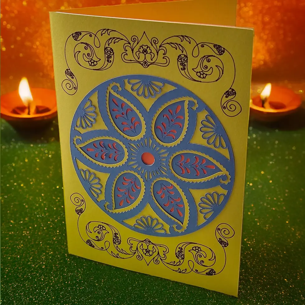 Festive yellow Diwali card with intricate mandala design, placed among glowing diyas and colourful petals.