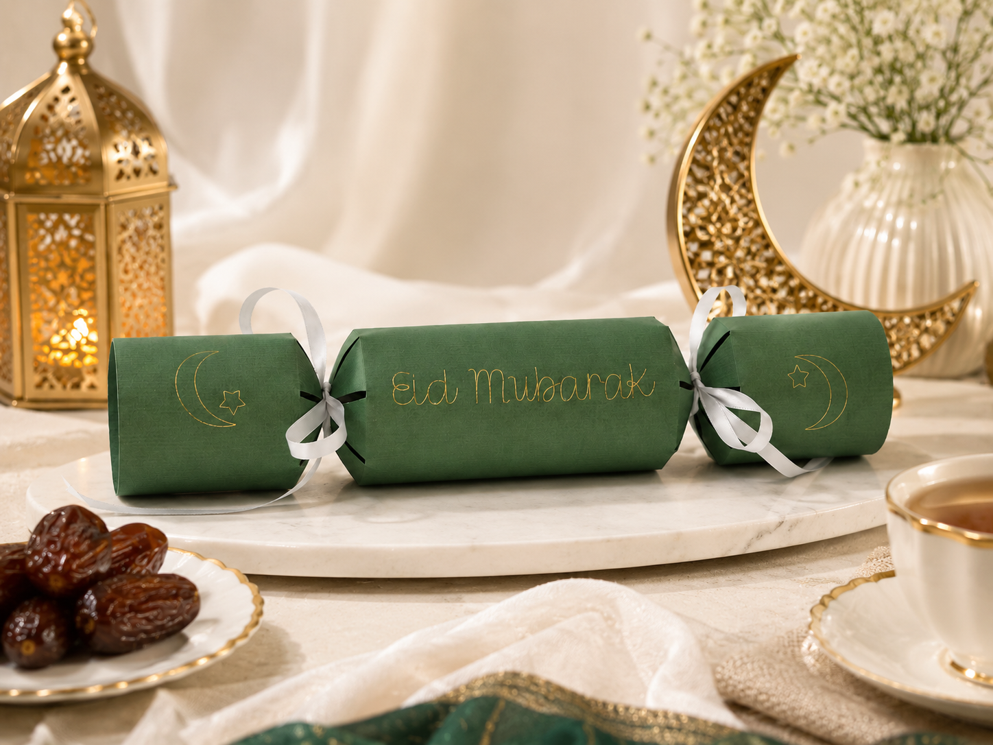 A festive table setting with a green-wrapped gift, a cup of tea, and a plate of dates, all decorated for the celebration