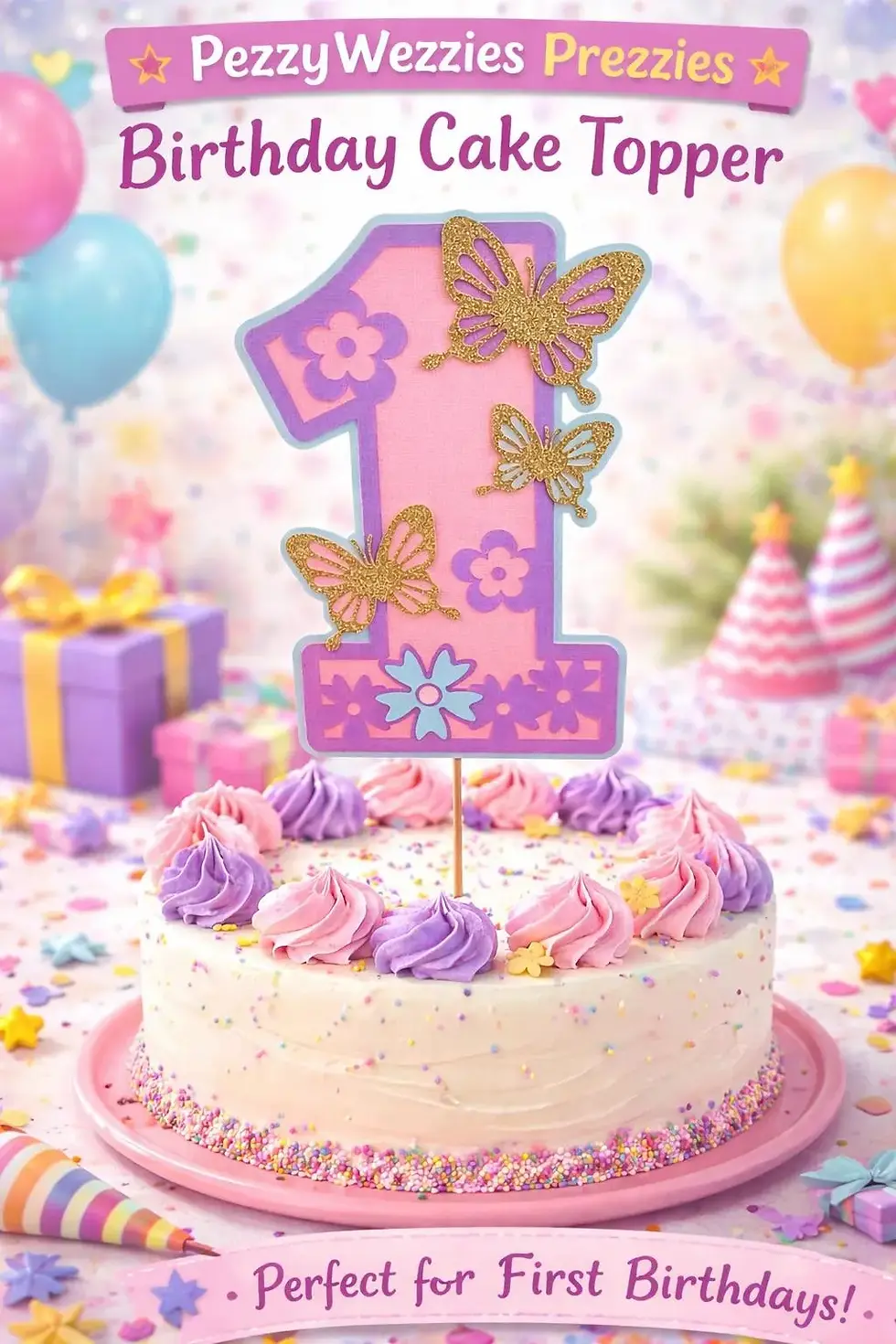 Handmade pink and purple butterfly number 1 cake topper on a decorated birthday cake with festive party background.