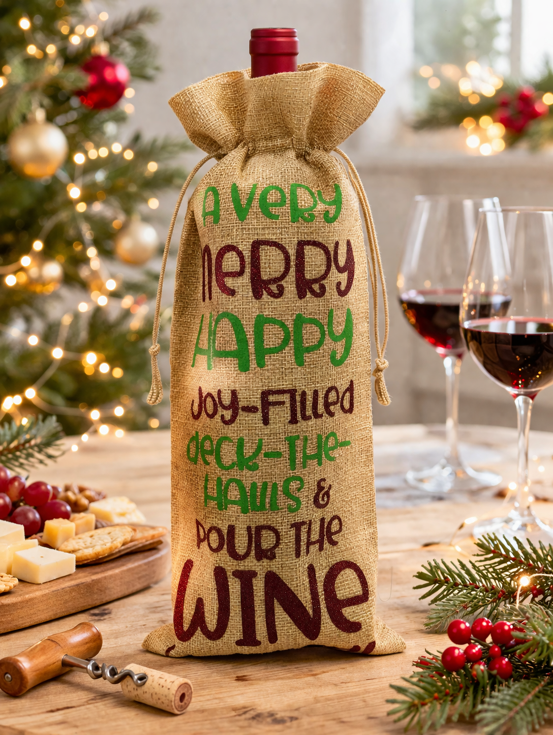 Burlap wine bag with "Pour the Wine" holiday text on a table with cheese, wine glasses, and a lit Christmas tree.