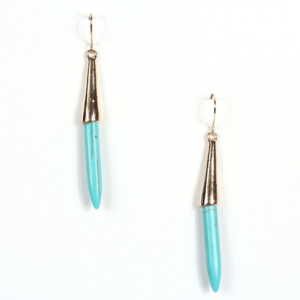 Priya turquoise spike drop earrings with gold-tone tapered cap and fish hook closure on white background