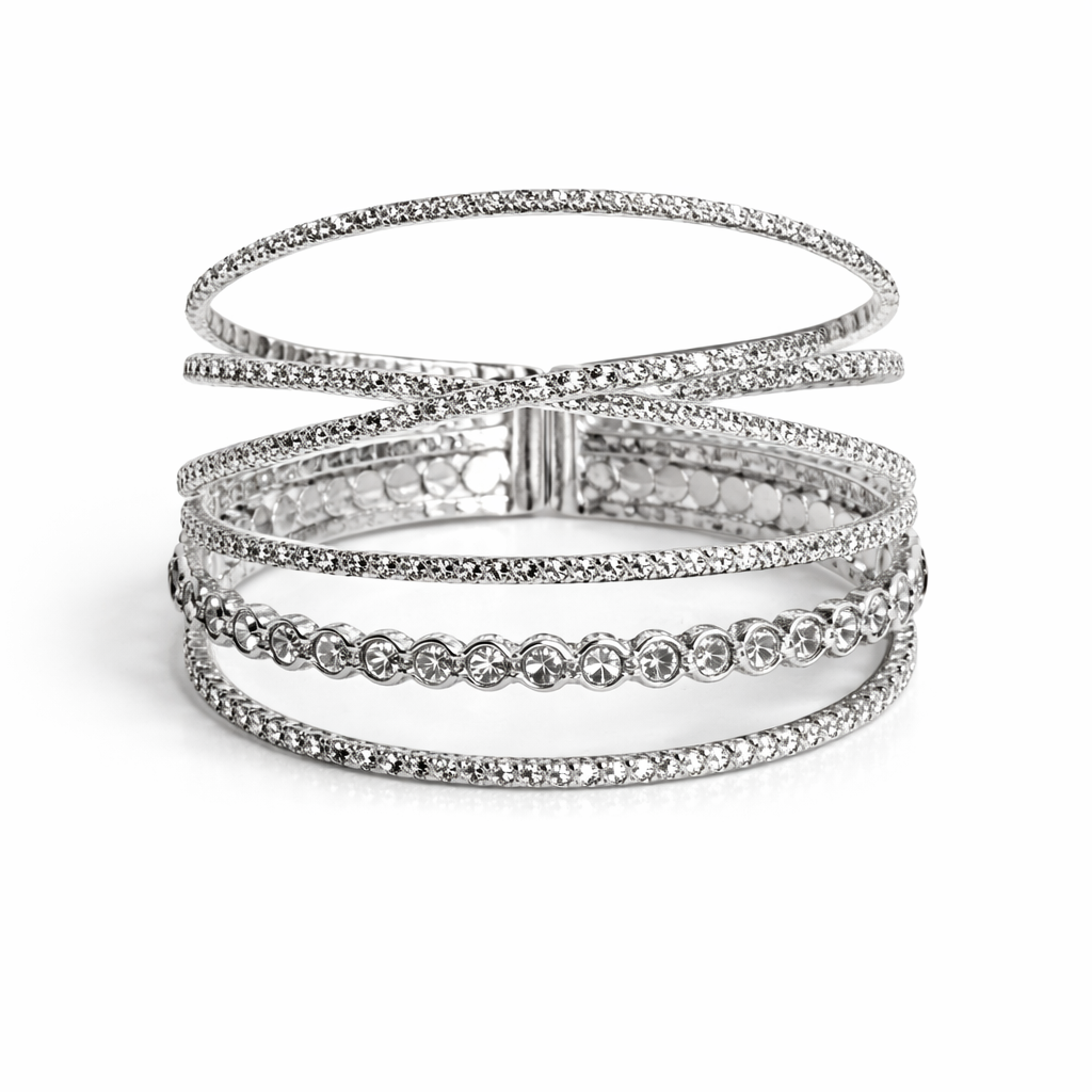 Celeste Crystal Cuff Bracelet with layered silver-tone rows and clear rhinestones, luxury statement cuff.