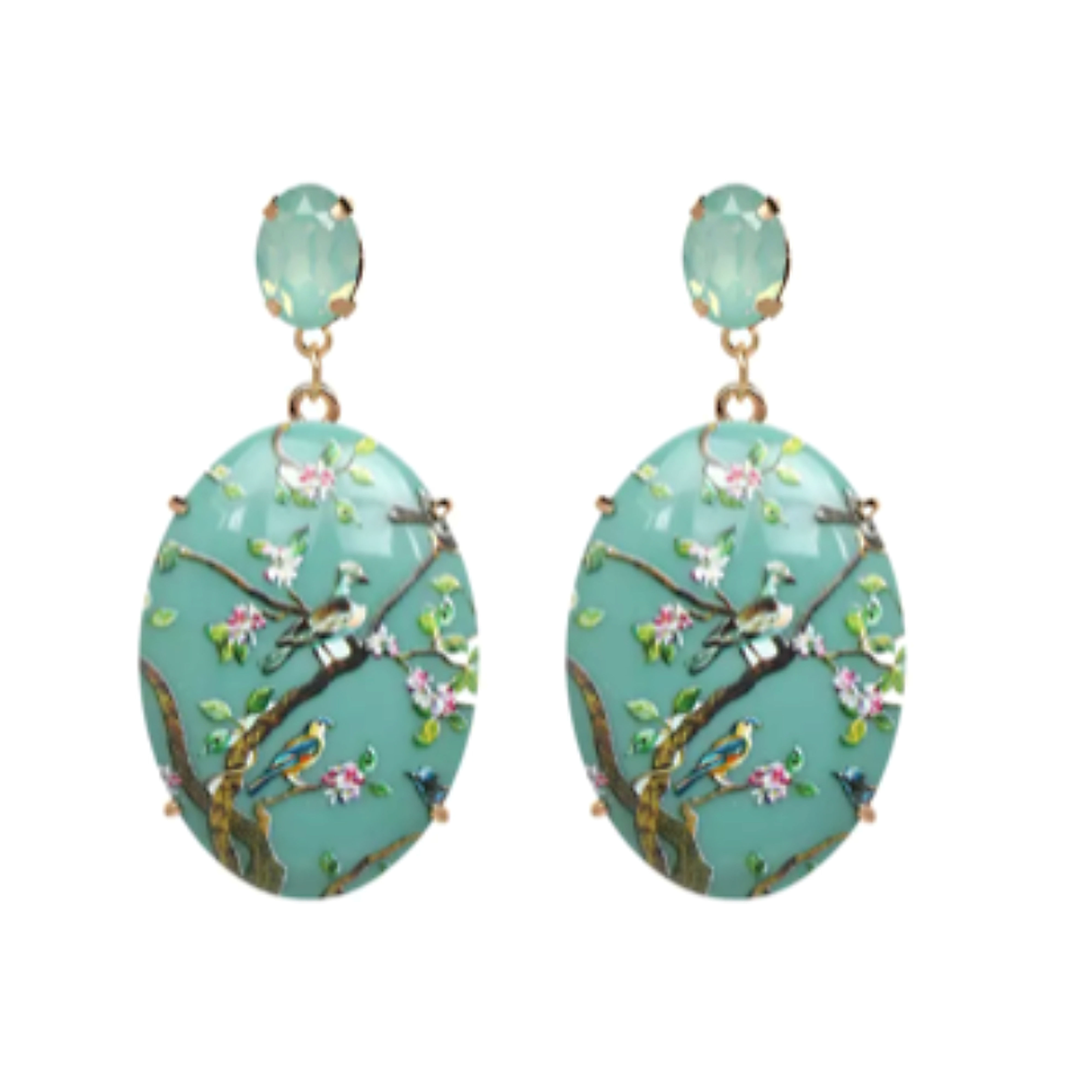 Oval floral statement earrings with blossom artwork available in blue and yellow.