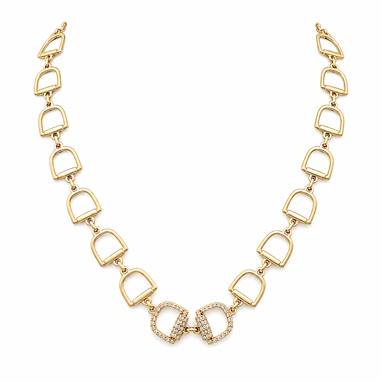 18k gold plated statement necklace with modern link chain and crystal clasp detail on white background