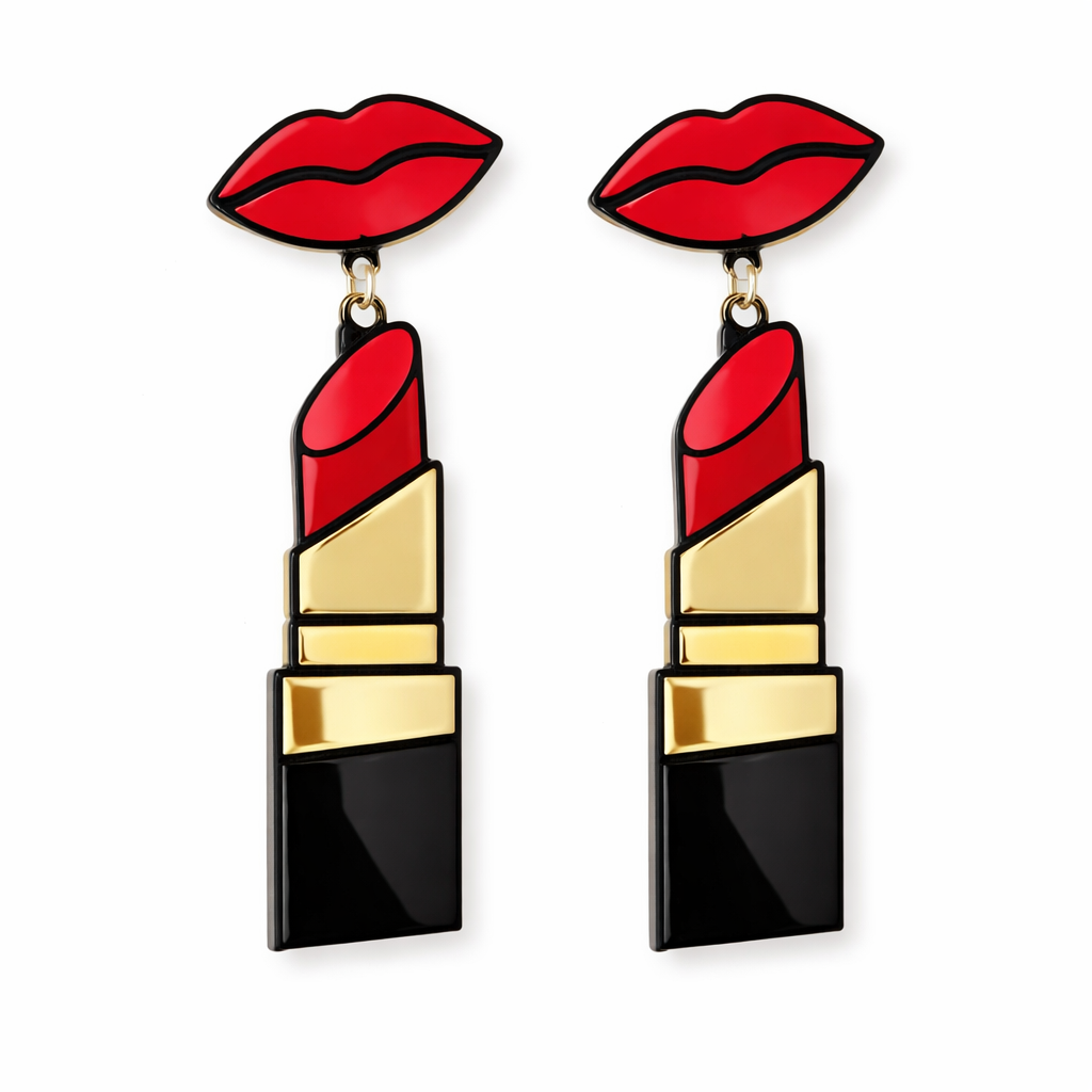 Hayworth Lipstick Statement Earrings featuring red lips design with dangling lipstick charm in gold, red, and black enamel