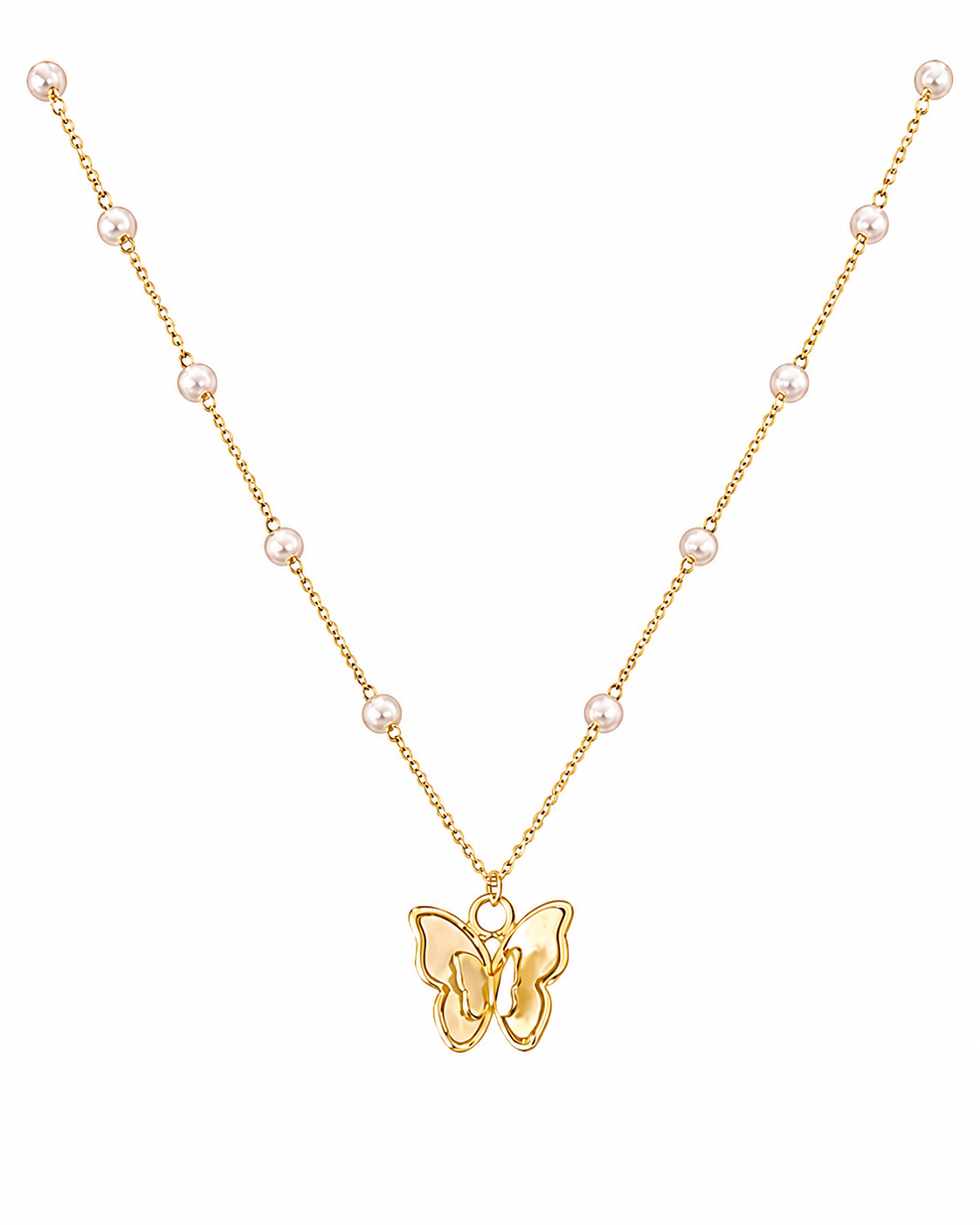 18k gold plated butterfly pendant necklace with delicate pearl accents on a fine chain.