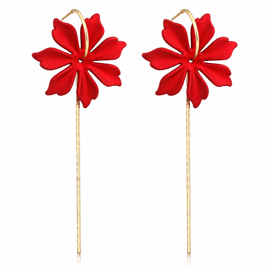 Ariel red floral drop earrings with gold hooks and long gold bar detail on white background.