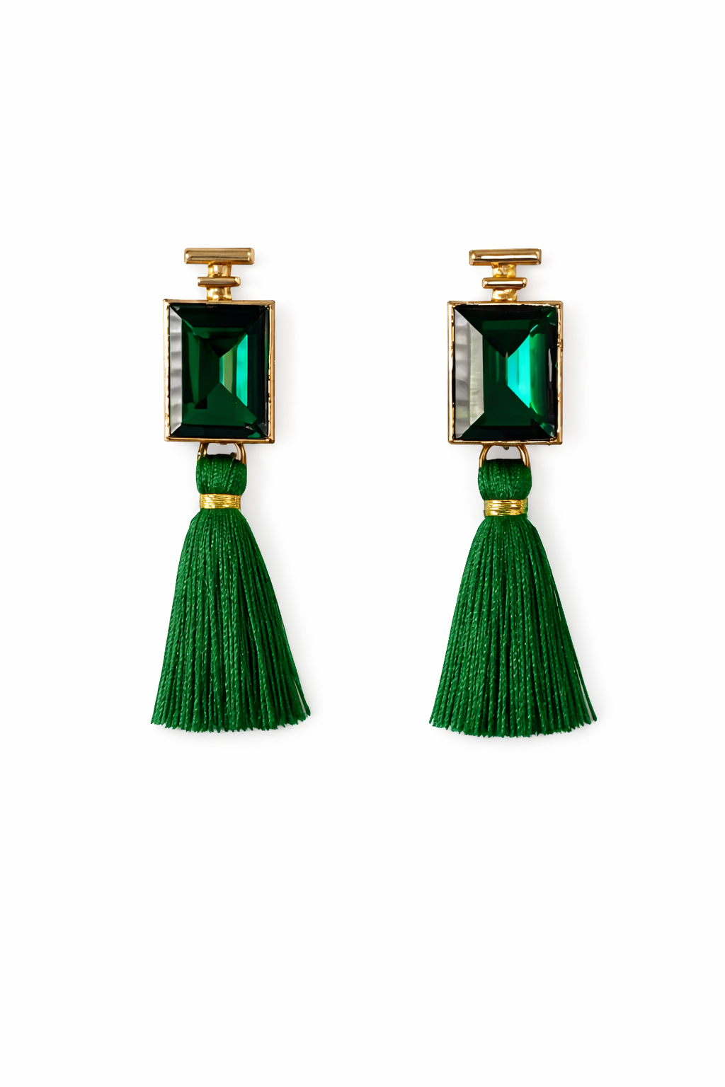 Charlotte green tassel earrings with emerald-cut gemstone and gold setting on white background