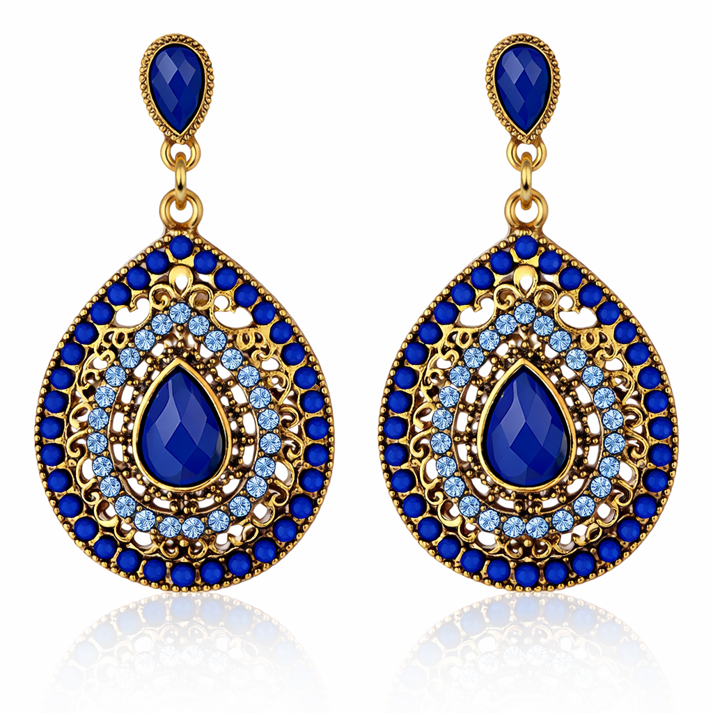 Kassandra vintage teardrop earrings with crystal detailing available in blue, light blue, and green.