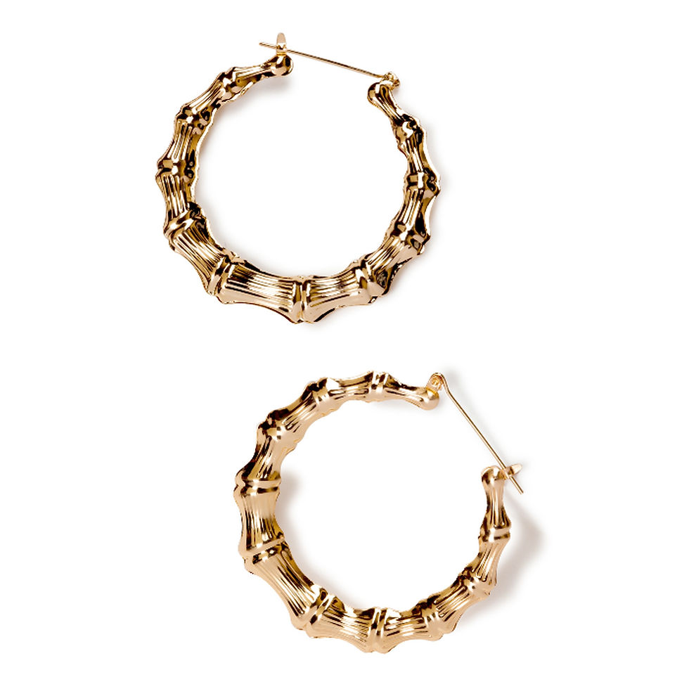 Gold bamboo-style hoop earrings with textured design and post-back closure.