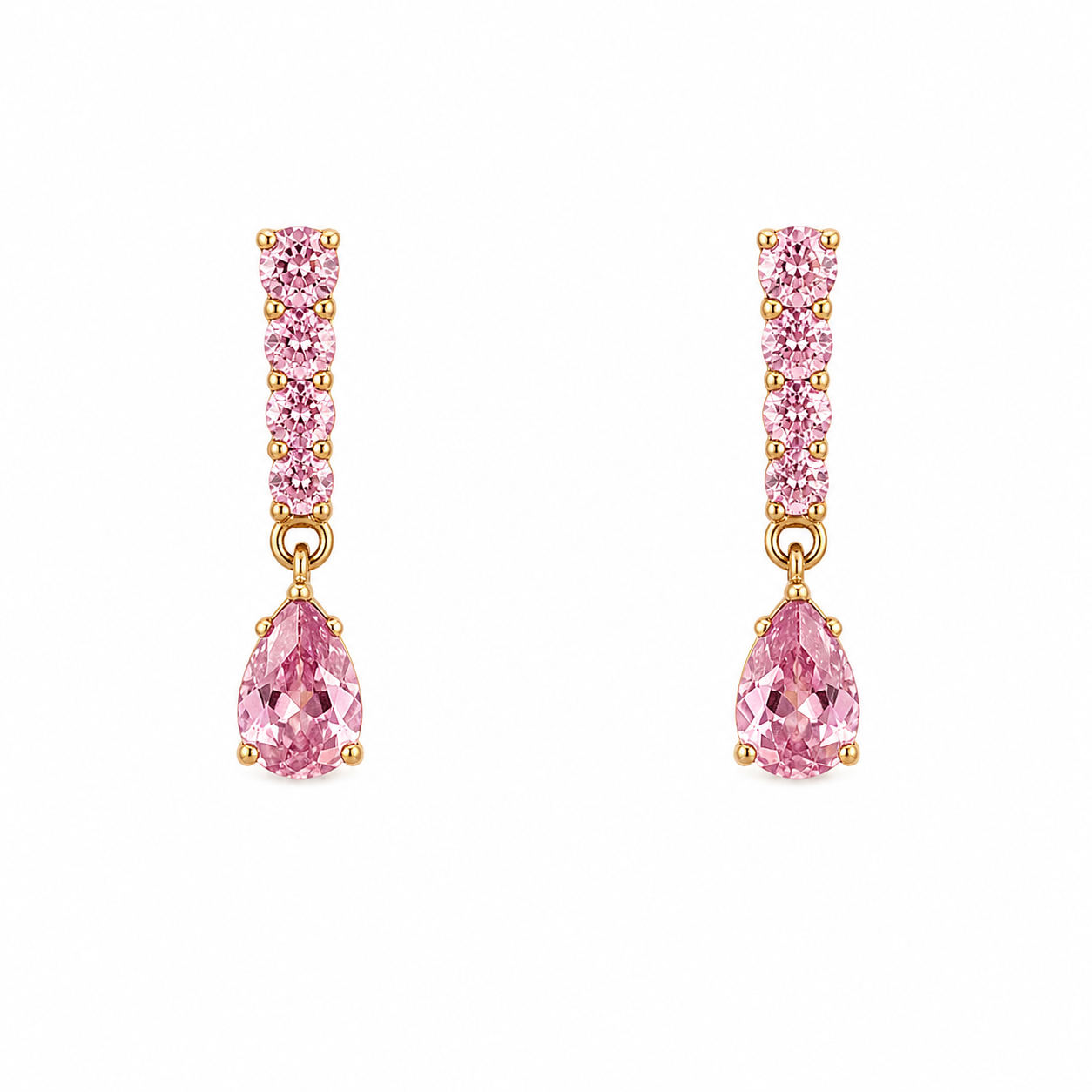 pink rhinestone drop earrings with gold setting and teardrop crystal elegant feminine jewelry on white background