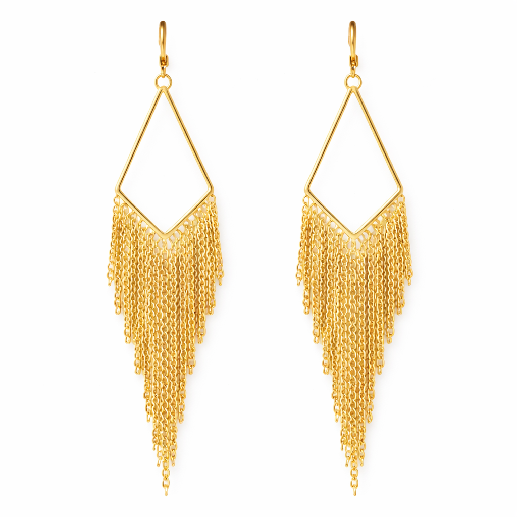 Gold geometric frame earrings with cascading chain tassels on pure white background.