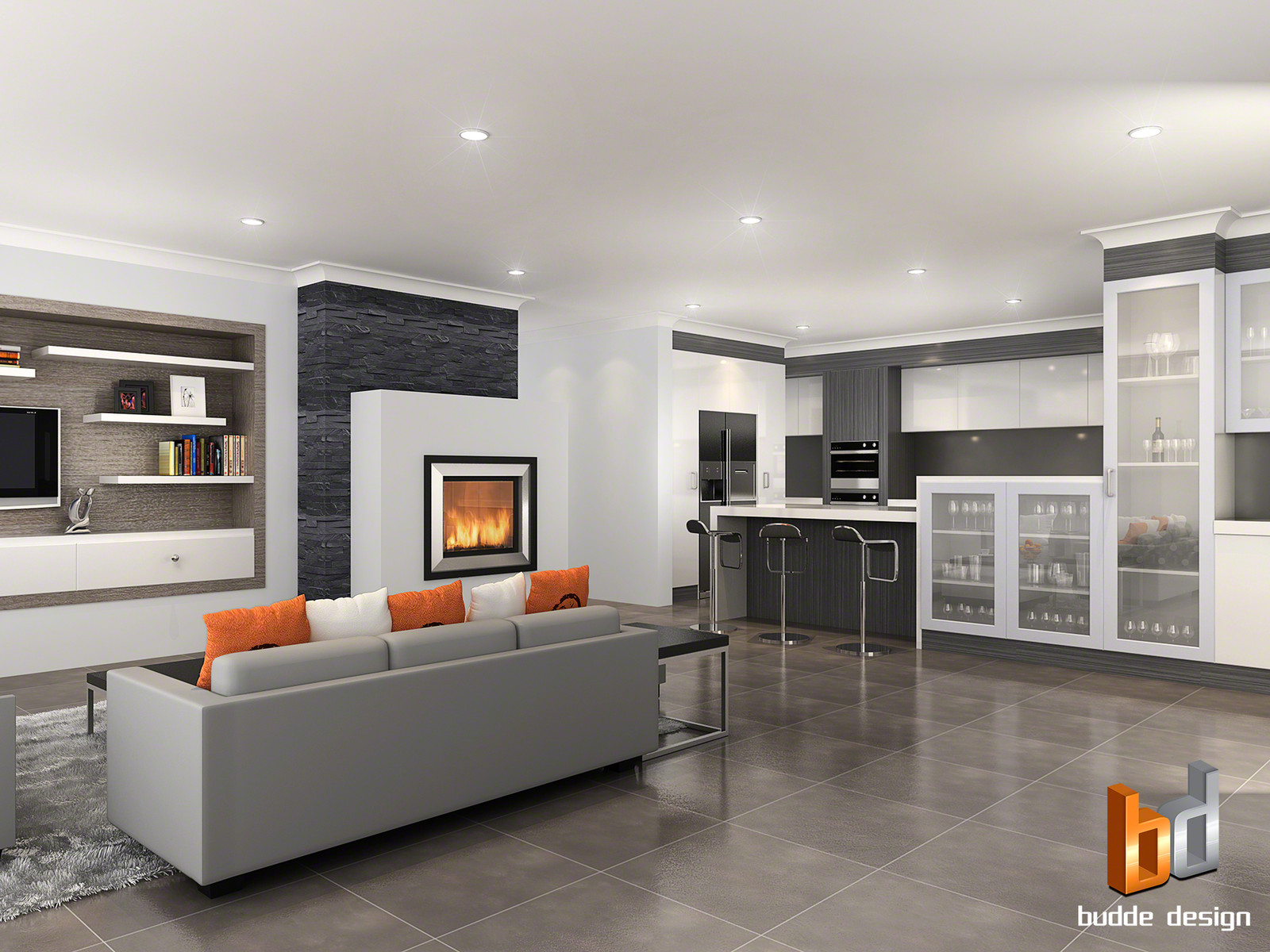 3D internal render of a living/kitchen space by Budde Design