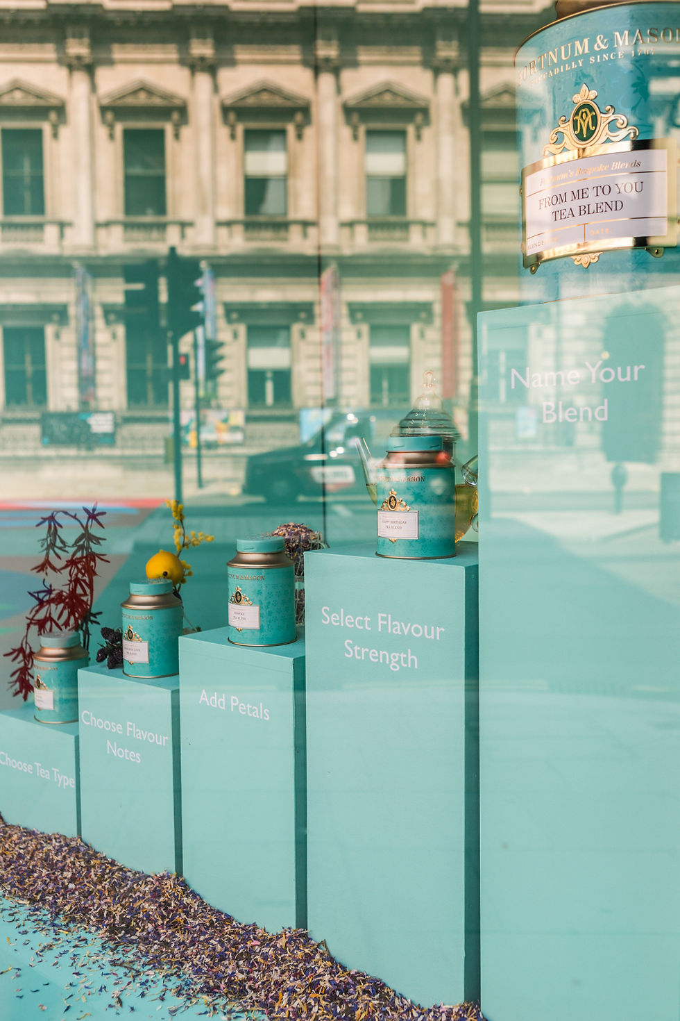 Fortnum and mason tea blending window display visual merchandising tea ware window tea visual