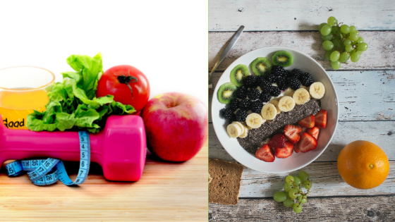smoothie bowl, exercise weights, fruits and vegetables