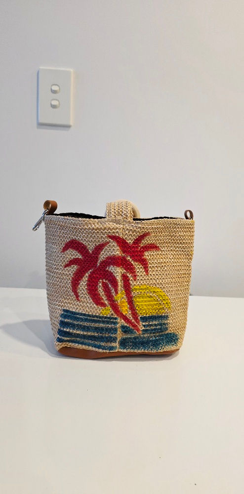 Woven shoulder and tote hand-painted bag with trees along the water image (ISLA)
