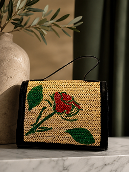Woven hand-painted KHAKI and BLACK small bag with Rose (ROSE)