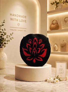 Woven hand-painted small round black bag with Lotus motif (ATHENA)
