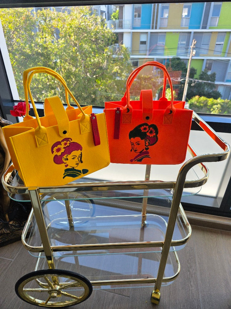 Thumbnail: Felt Yellow Tote hand-painted bag with Japanese Image (AIKO 1)