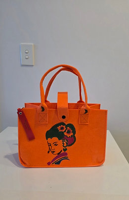 Felt Orange hand-painted tote bag with Japanese image