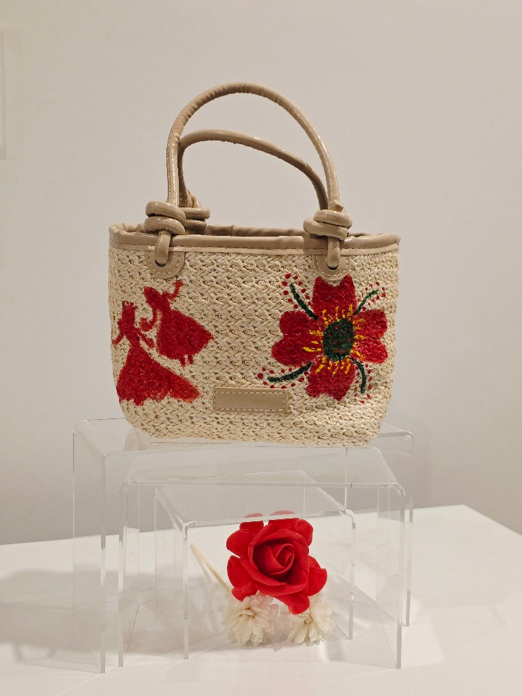 Small woven straw PU leather hand-painted bag ballet/floral motif (HYACINTH)