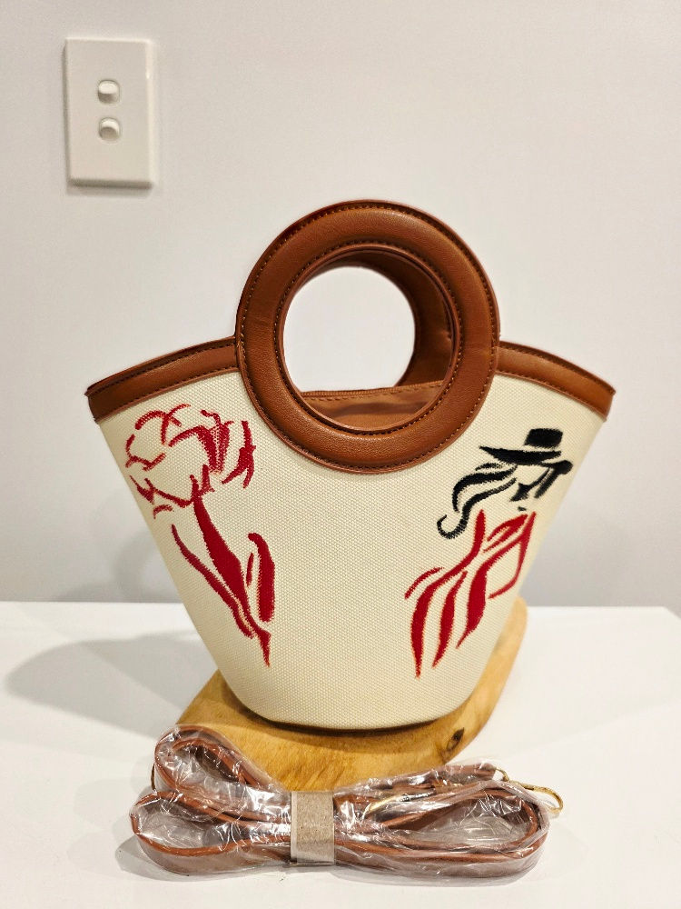 Thumbnail: Woven hand-painted bag with silhouette fashion model and a rose (CHARLOTTE)