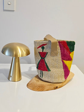 Woven hand-painted bucket bag with silhouette and abstract design (OLIVIA)